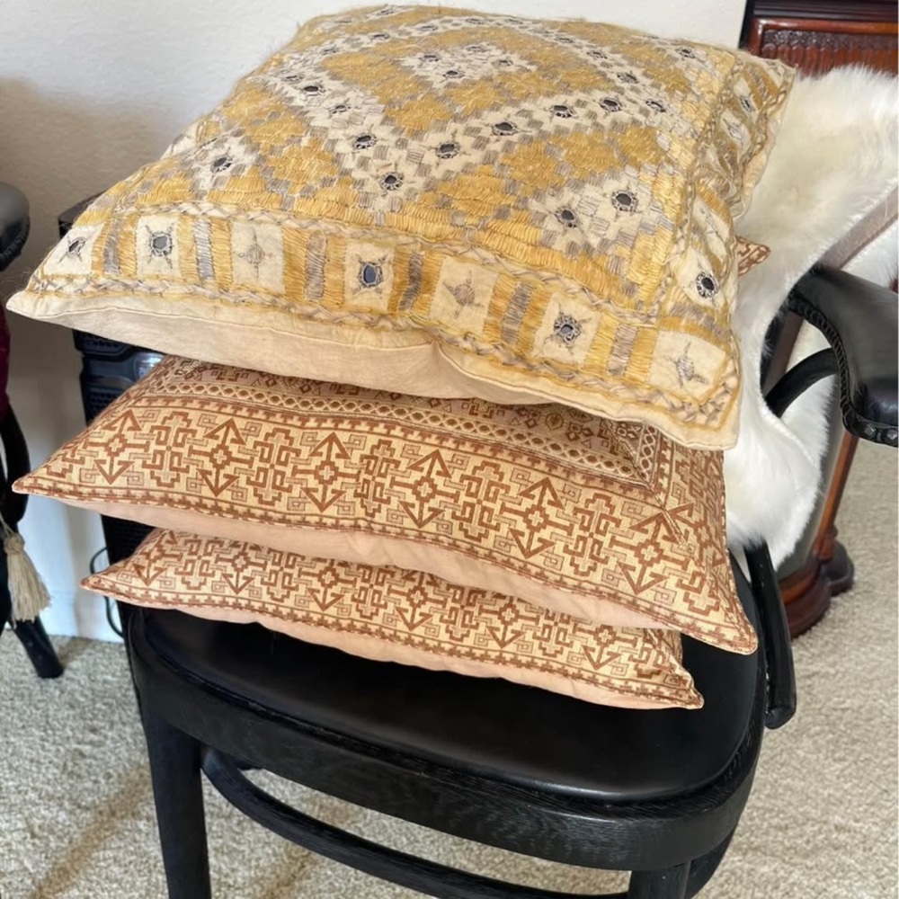 Moroccan Gold Thread Embroidered Pillow Set (3) 16x16 Boho Decor